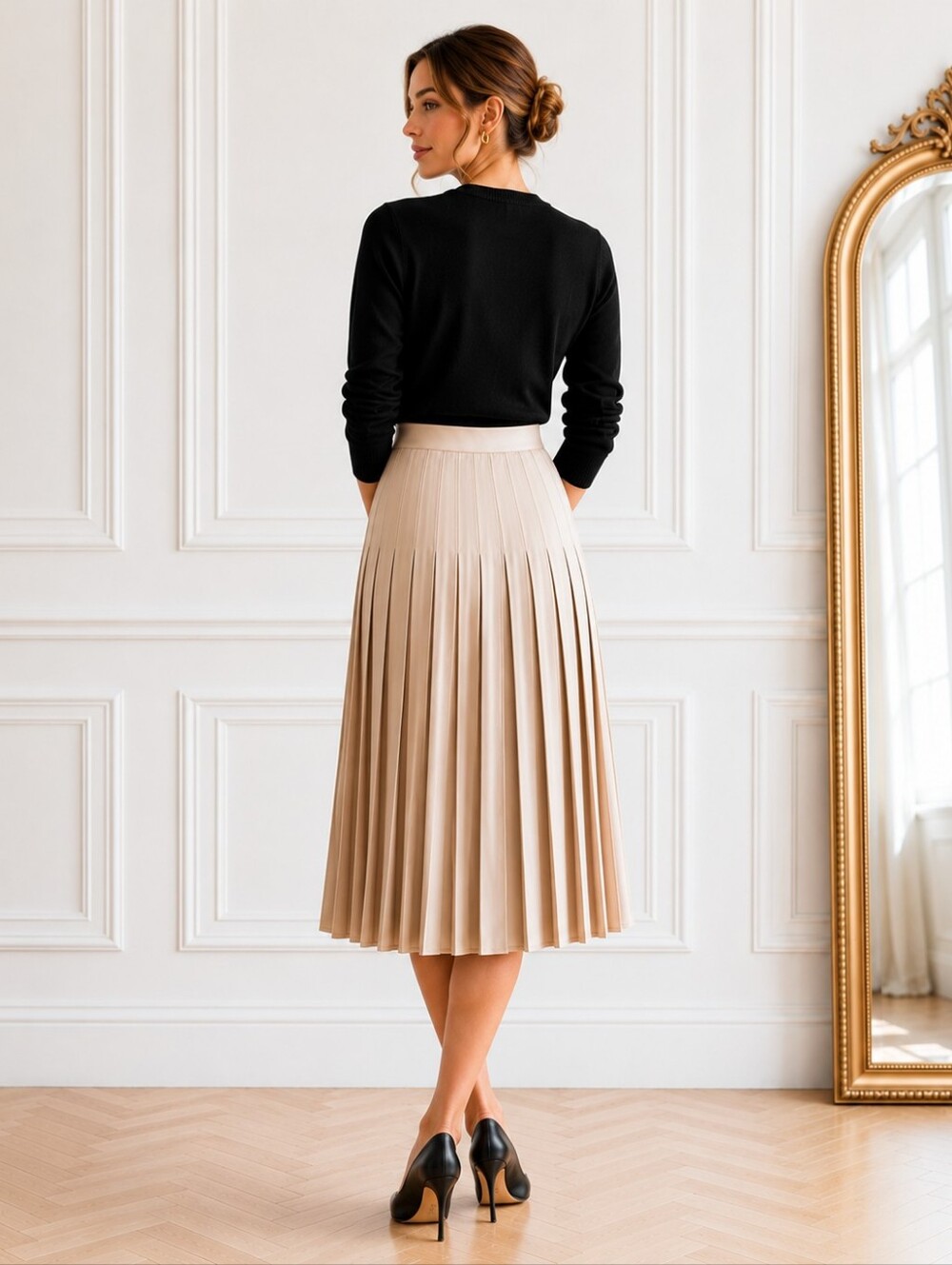Rachel Zoe | Champagne Pleated Midi Skirt Size Medium | Satin A-Line - Picture 2 of 8